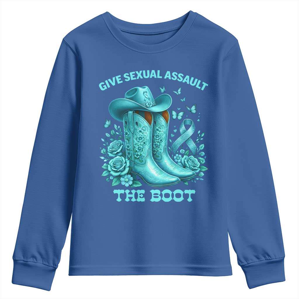 Give Sexual Assault The Boot Youth Sweatshirt Cowgirl Awareness Month Teal Ribbon Support