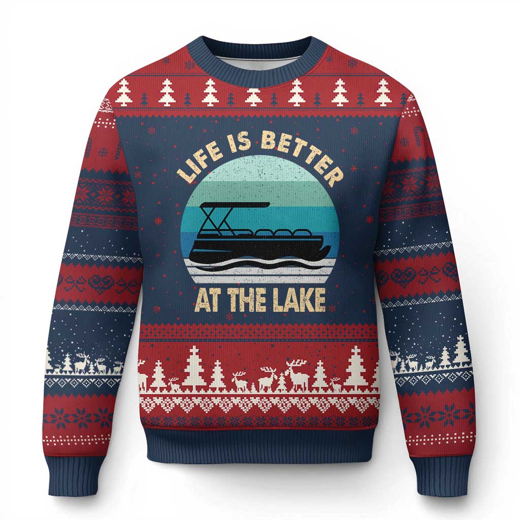 Funny Lake Life Ugly Christmas Sweater Vintage Life is Better at The Lake Pontoon Boat - Wonder Print Shop