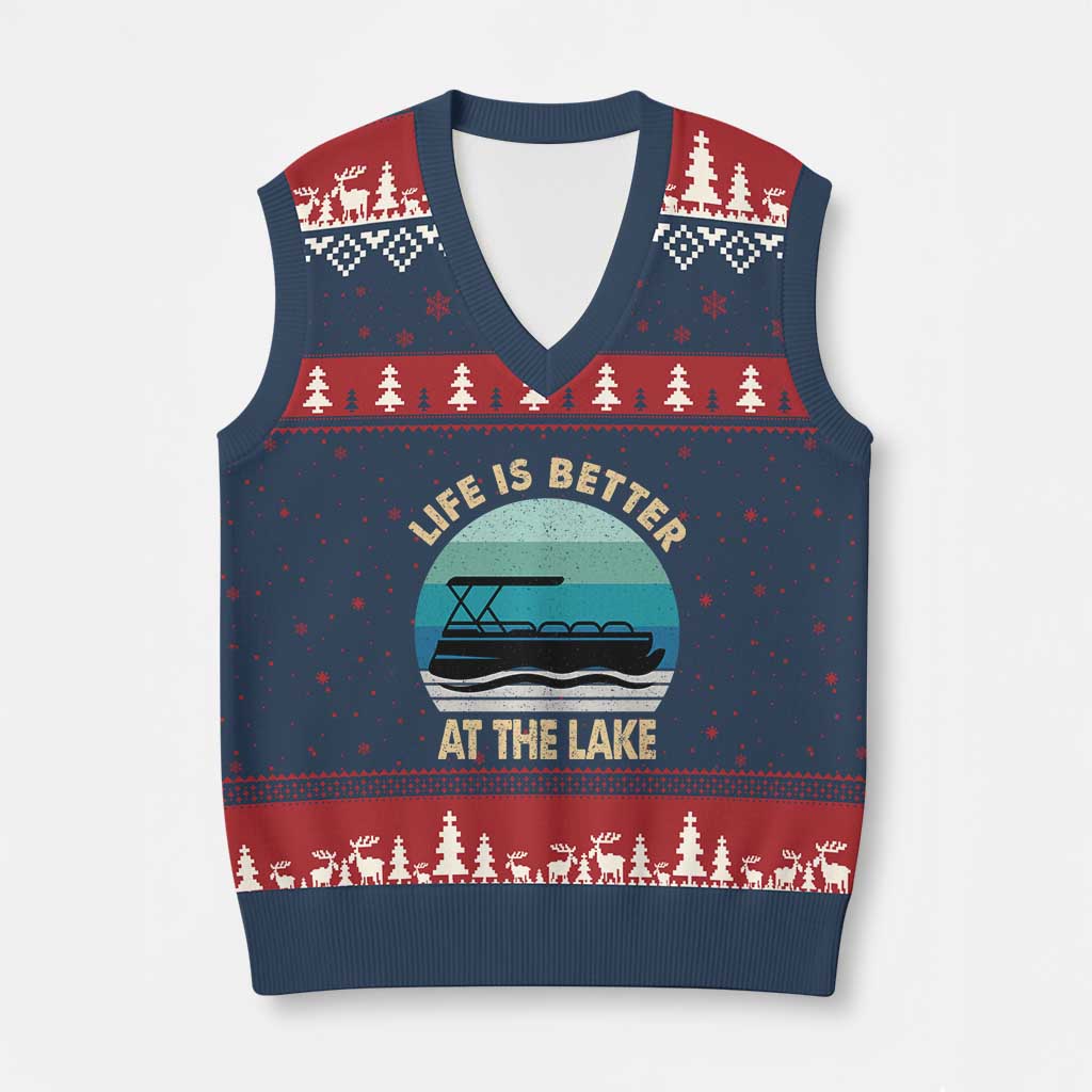 Funny Lake Life V-Neck Knit Sweater Vest Vintage Life is Better at The Lake Pontoon Boat - Wonder Print Shop