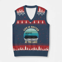 Funny Lake Life V-Neck Knit Sweater Vest Vintage Life is Better at The Lake Pontoon Boat - Wonder Print Shop