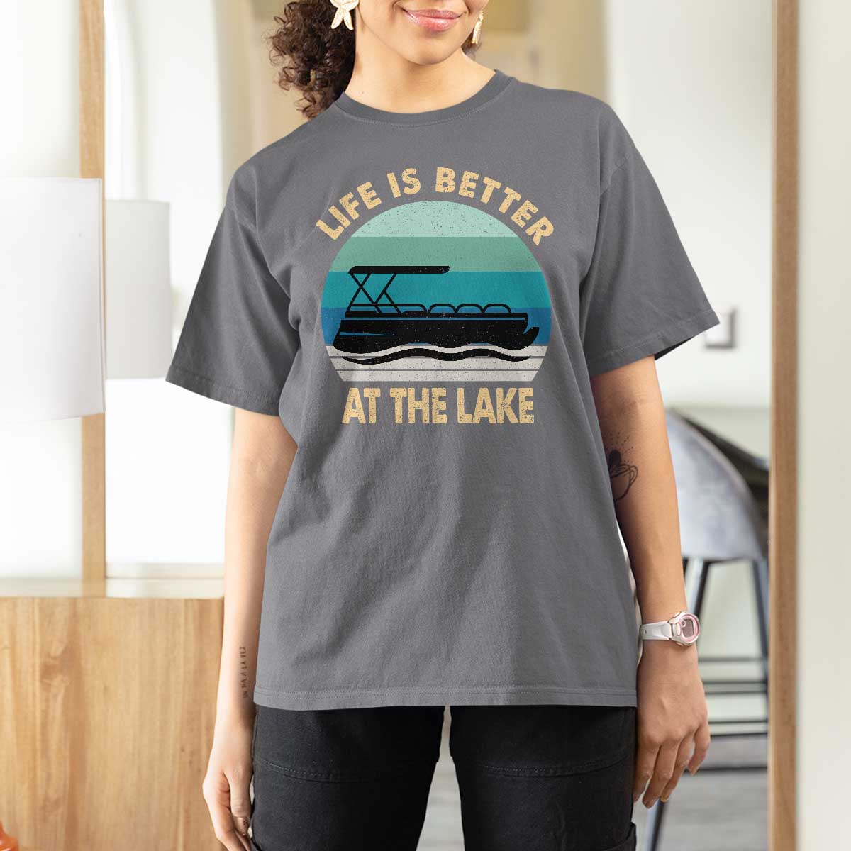 Funny Lake Life T Shirt For Women Vintage Life is Better at The Lake Pontoon Boat - Wonder Print Shop