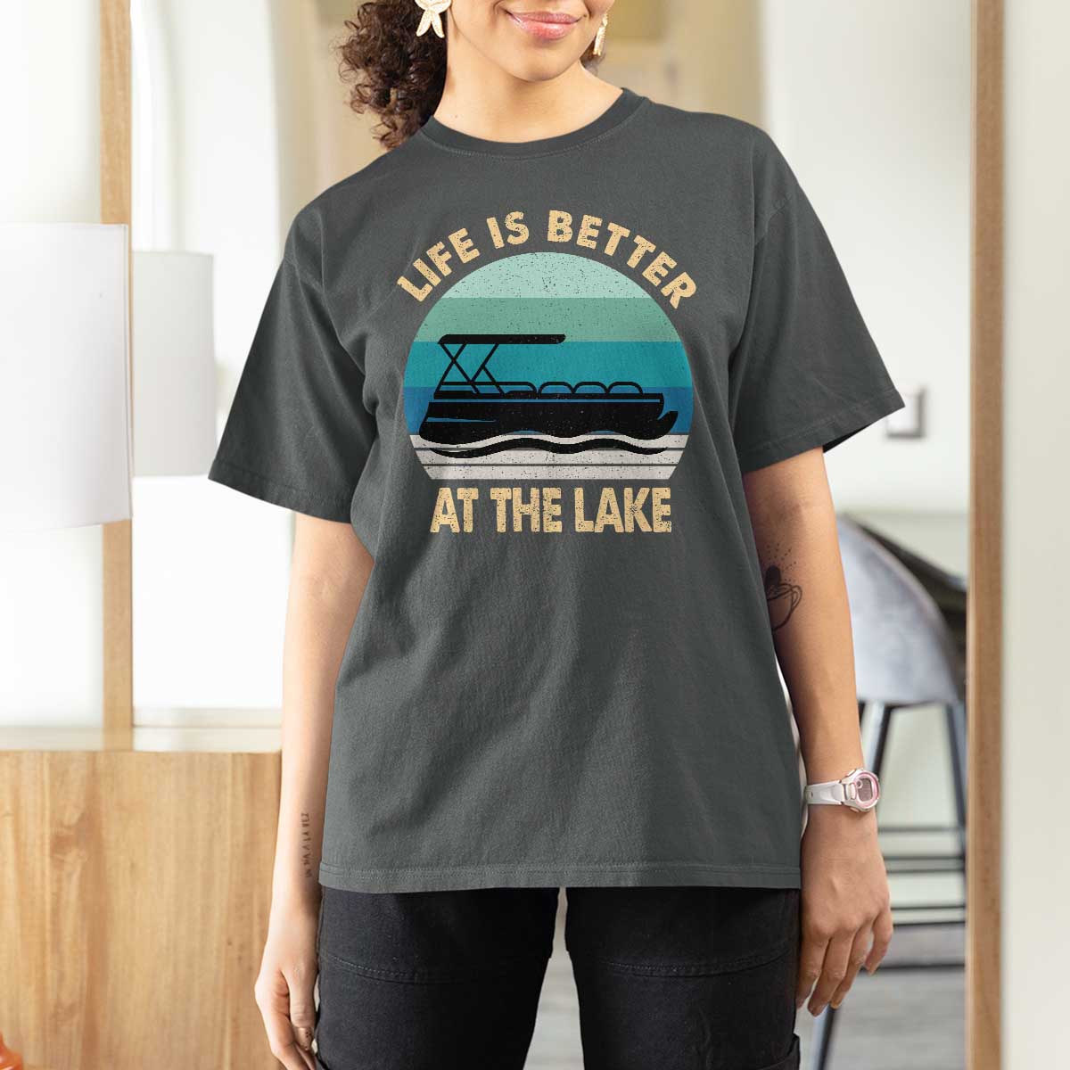 Funny Lake Life T Shirt For Women Vintage Life is Better at The Lake Pontoon Boat - Wonder Print Shop