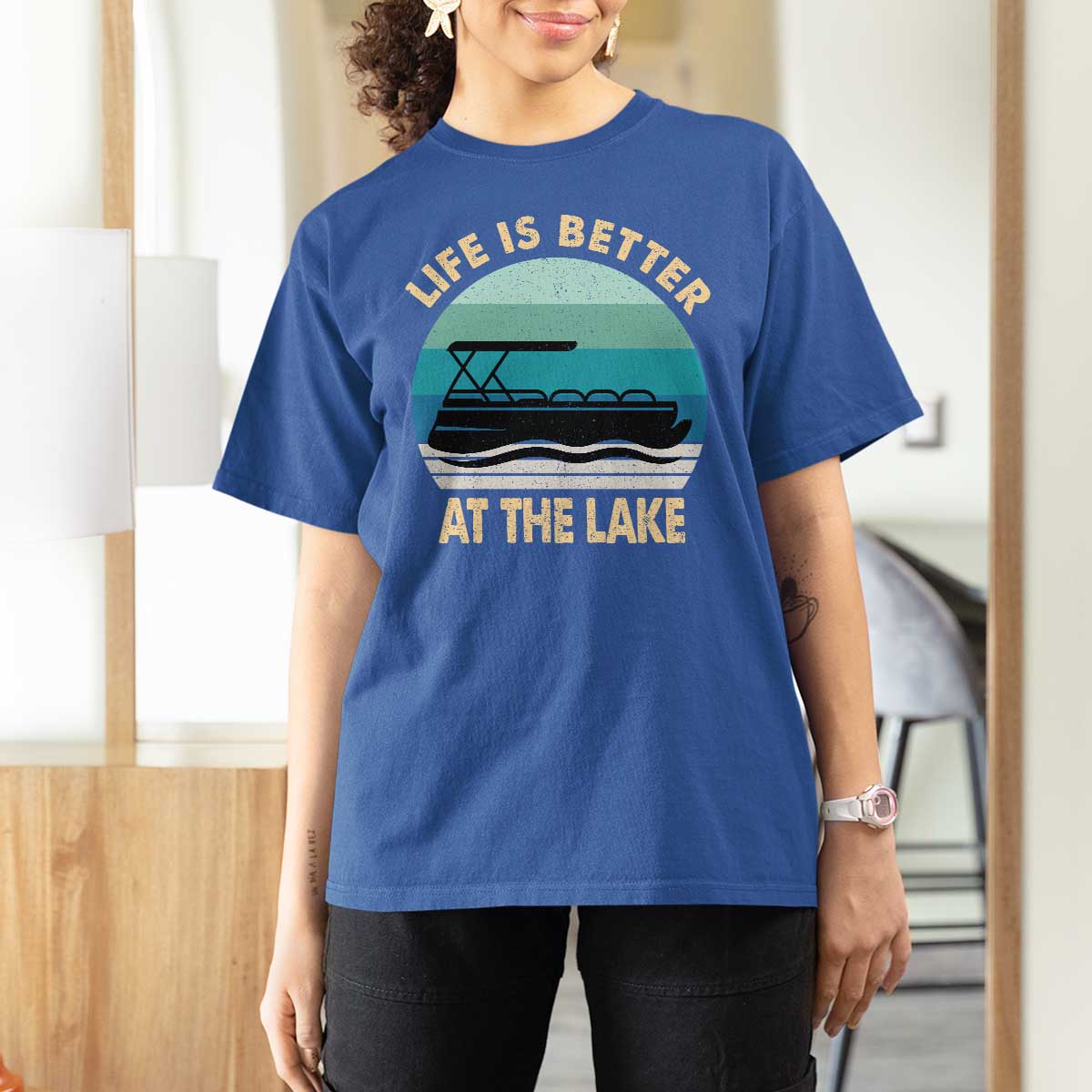 Funny Lake Life T Shirt For Women Vintage Life is Better at The Lake Pontoon Boat - Wonder Print Shop