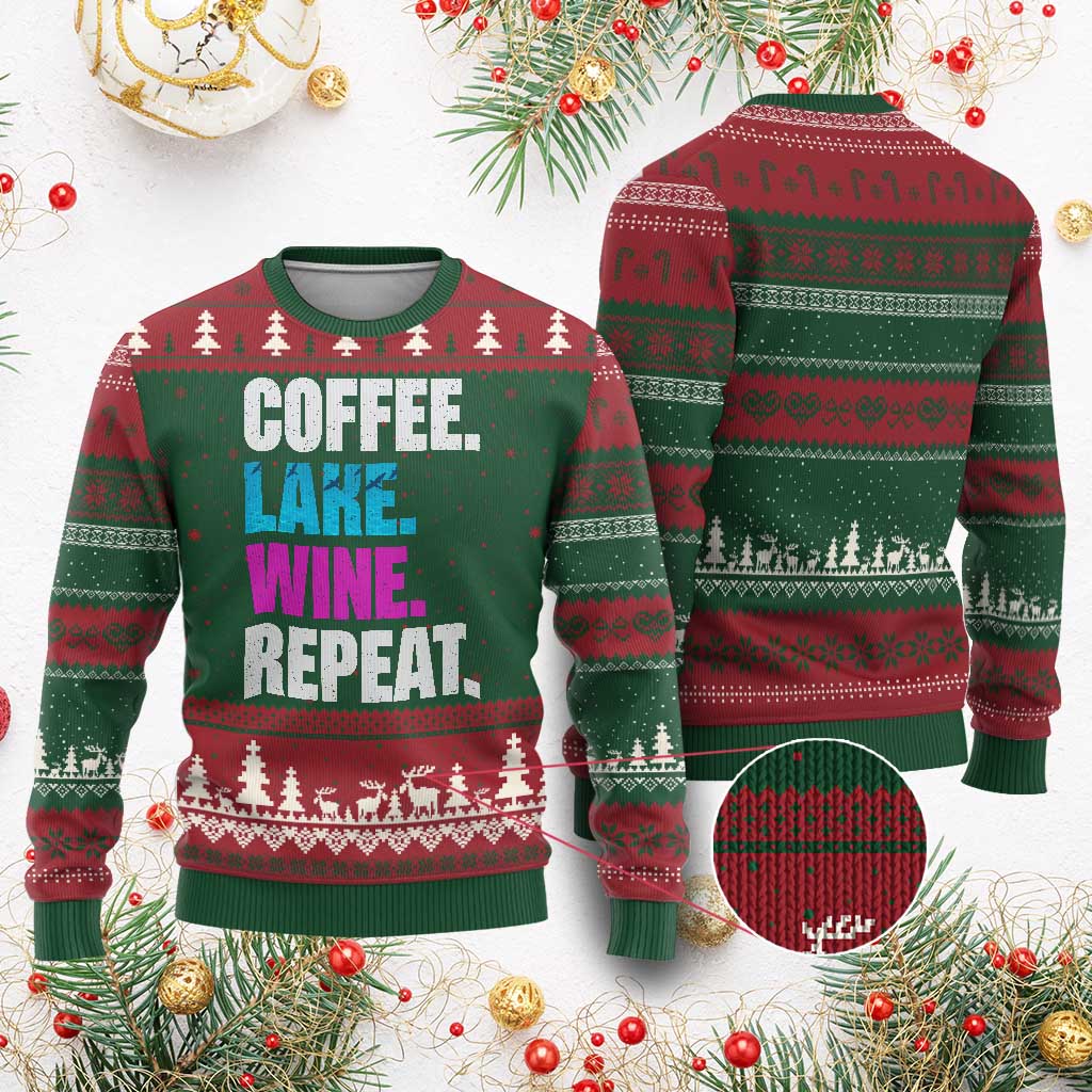 Funny Lake Life Ugly Christmas Sweater Coffee Lake Wine Repeat - Wonder Print Shop