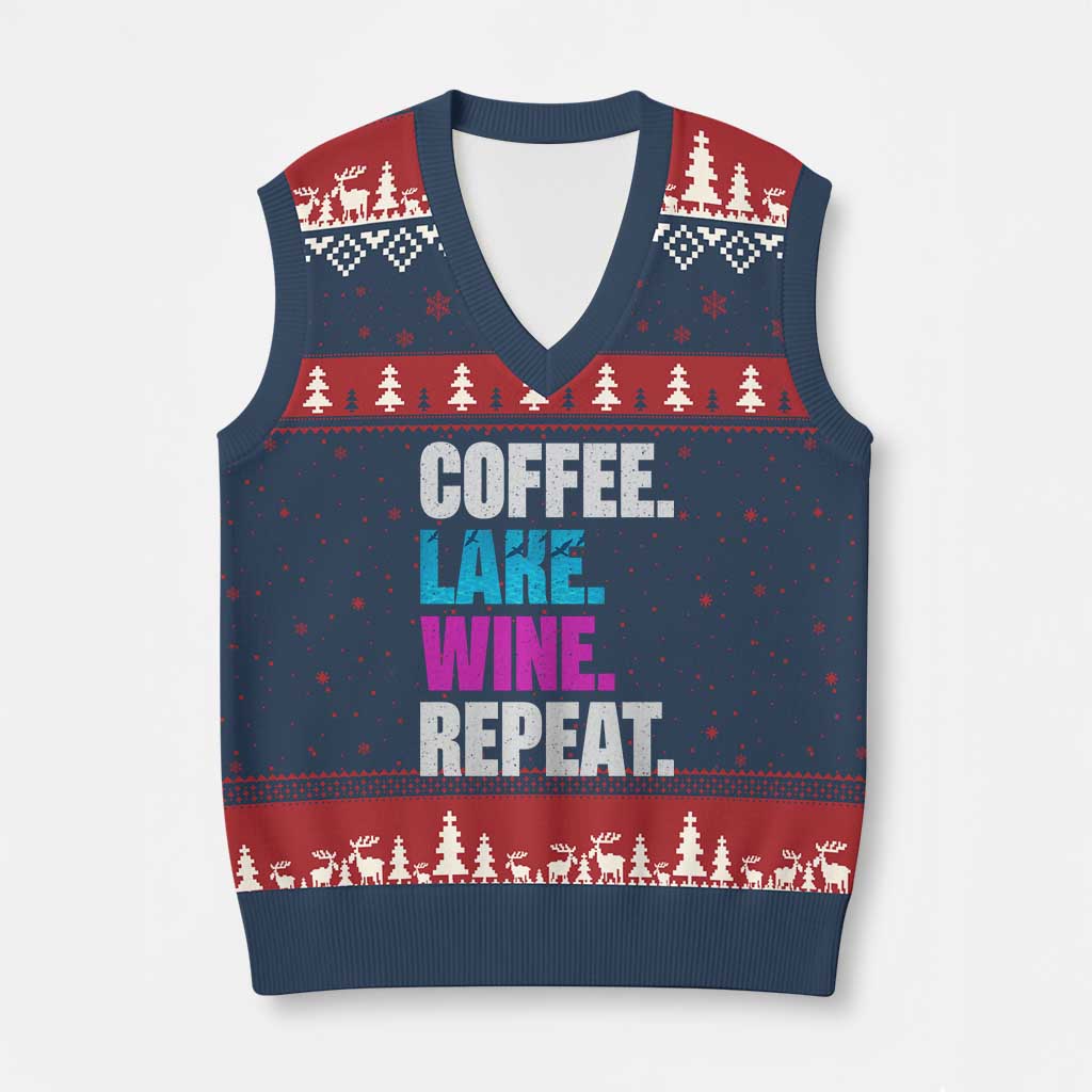 Funny Lake Life V-Neck Knit Sweater Vest Coffee Lake Wine Repeat - Wonder Print Shop