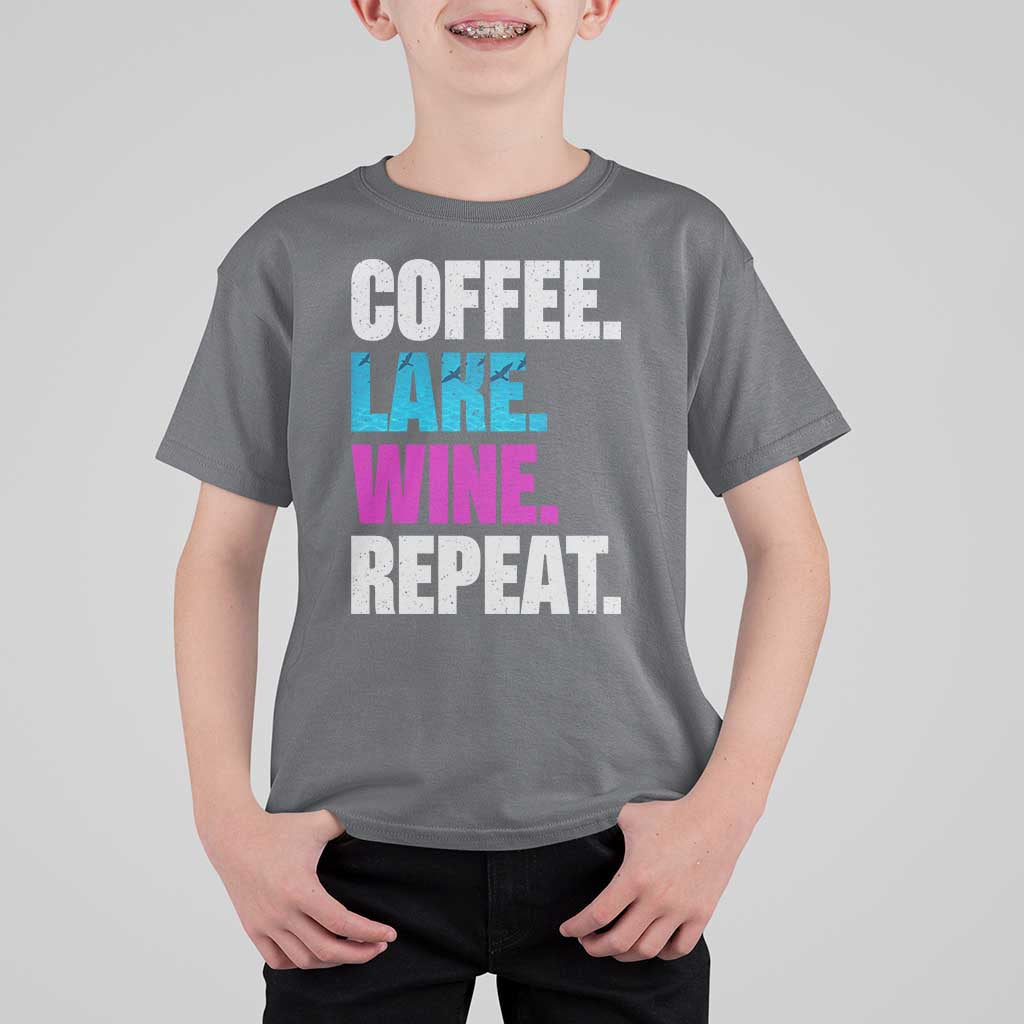 Funny Lake Life T Shirt For Kid Coffee Lake Wine Repeat - Wonder Print Shop