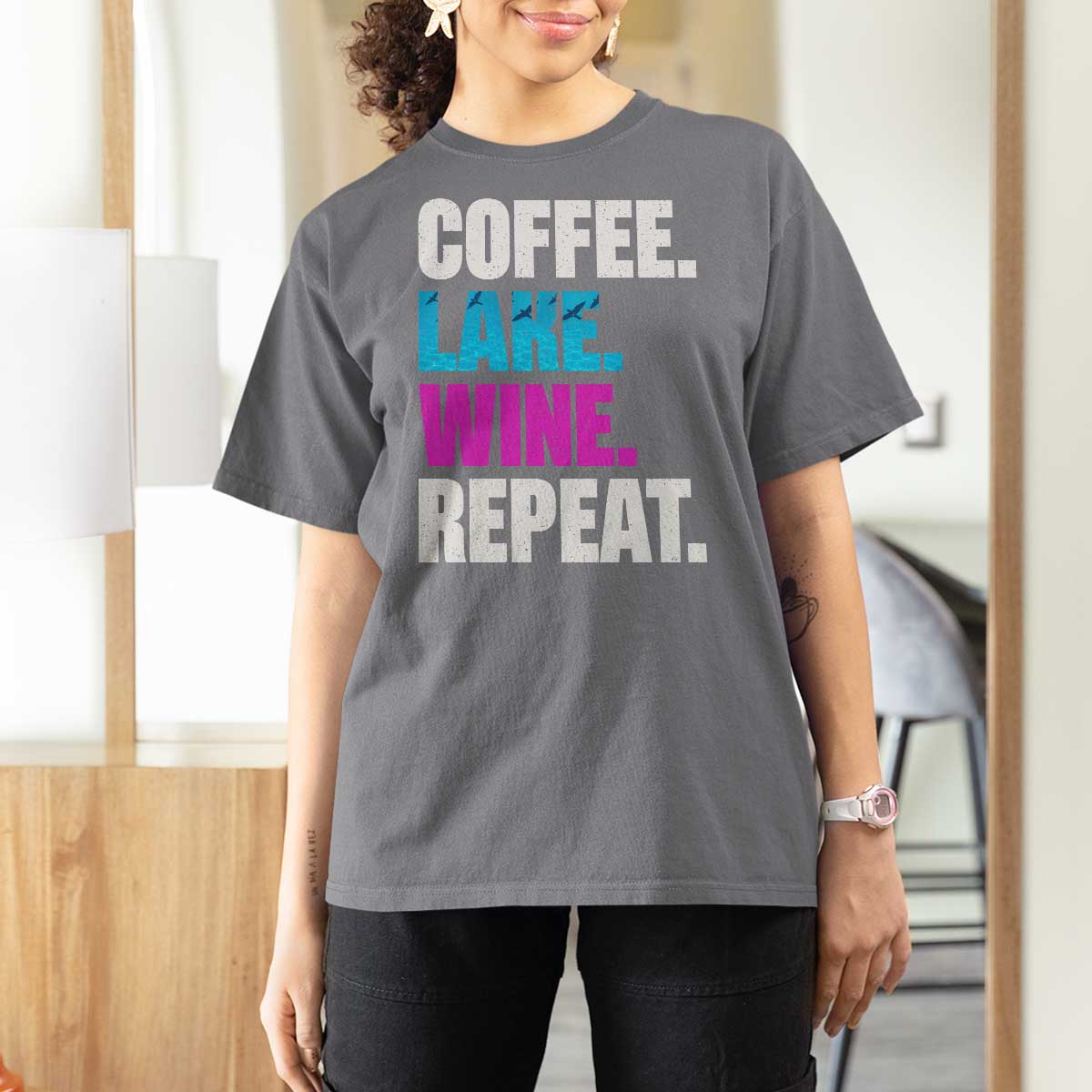 Funny Lake Life T Shirt For Women Coffee Lake Wine Repeat - Wonder Print Shop