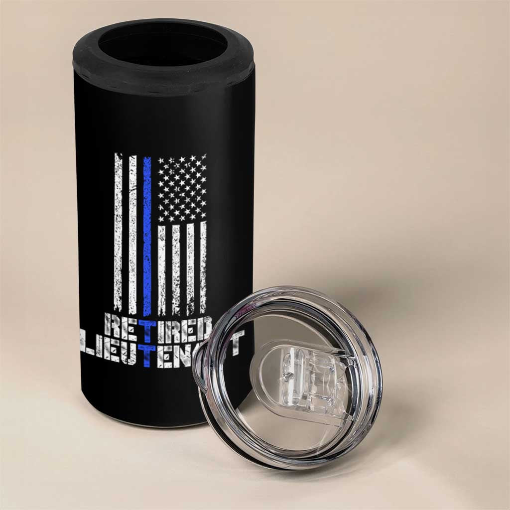 Retired Police Lieutenant 4 in 1 Can Cooler Tumbler Retirement Blue Line American Flags