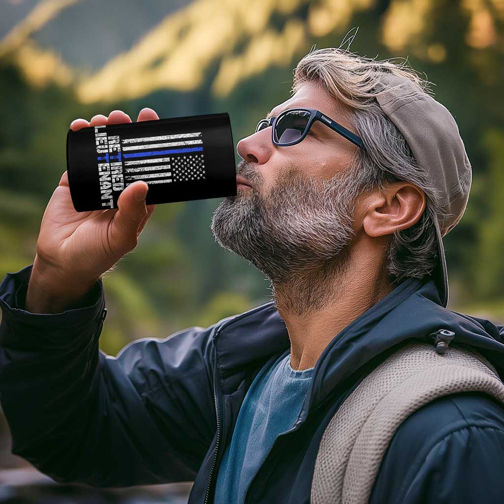 Retired Police Lieutenant 4 in 1 Can Cooler Tumbler Retirement Blue Line American Flags
