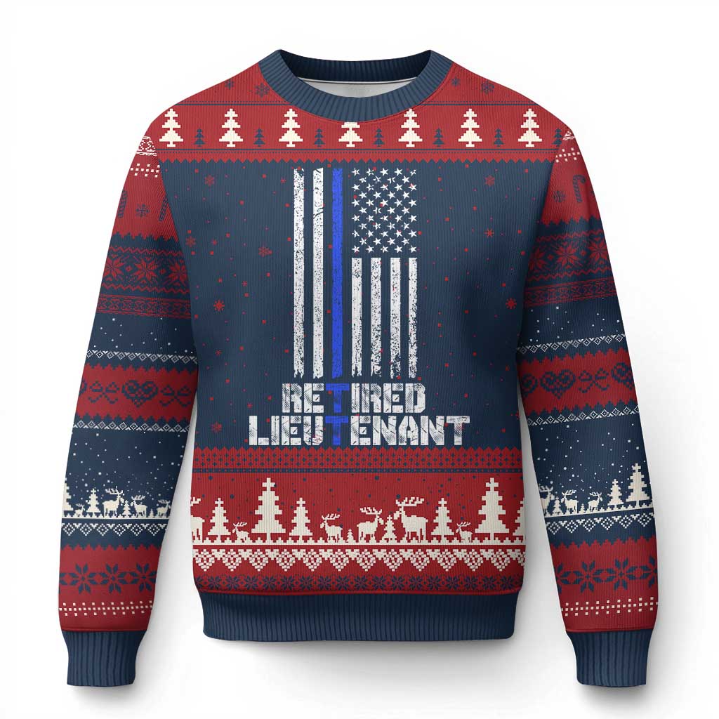 Retired Police Lieutenant Ugly Christmas Sweater Retirement Thin Blue Line American Flags - Wonder Print Shop