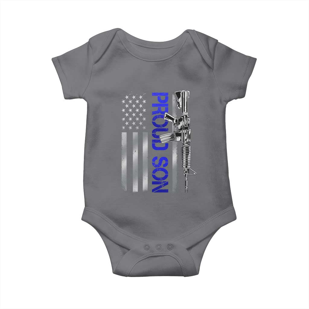 Proud Son of a Police Dad Baby Onesie Gun American Flag Family Support