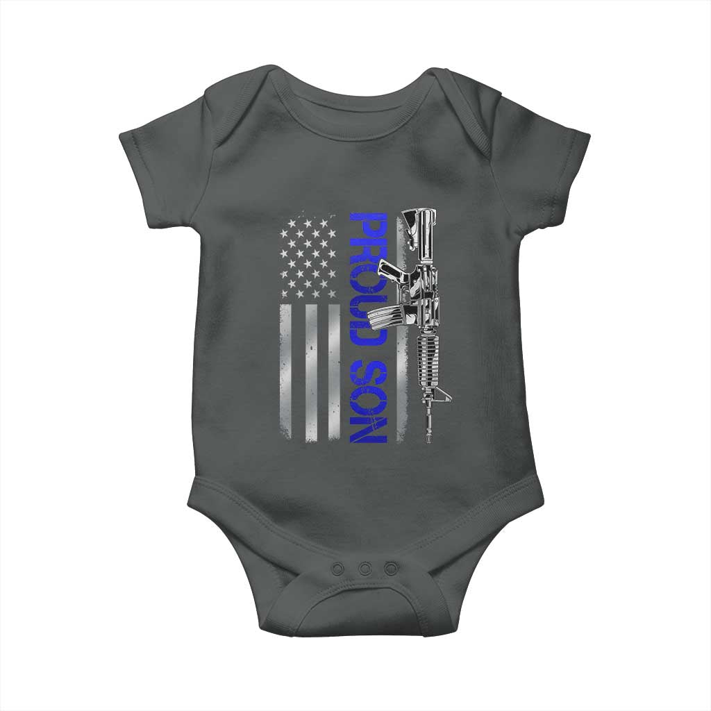 Proud Son of a Police Dad Baby Onesie Gun American Flag Family Support