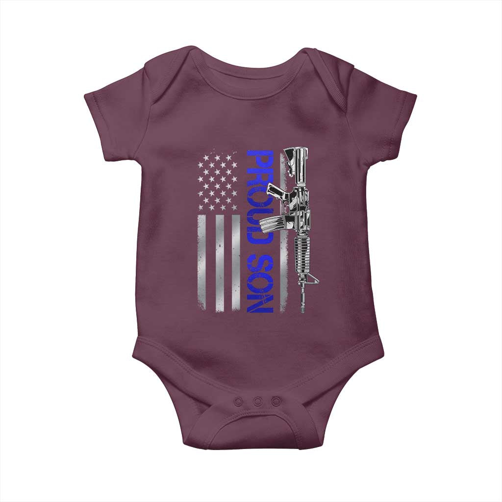 Proud Son of a Police Dad Baby Onesie Gun American Flag Family Support