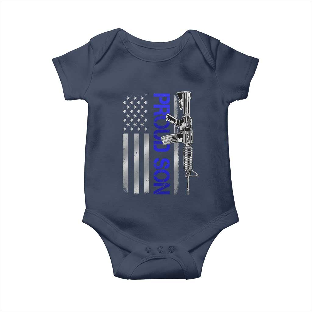 Proud Son of a Police Dad Baby Onesie Gun American Flag Family Support