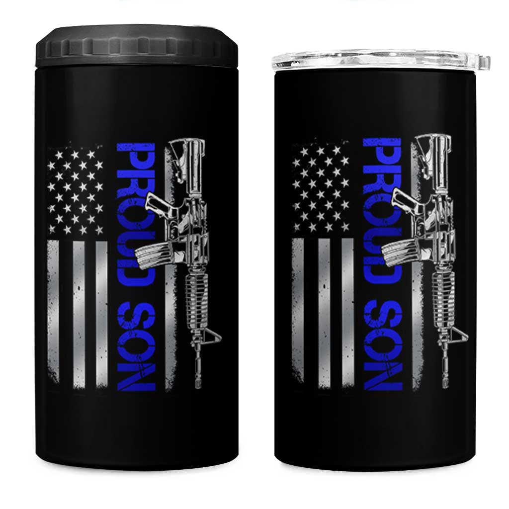 Proud Son of a Police Dad 4 in 1 Can Cooler Tumbler Gun American Flag Family Support