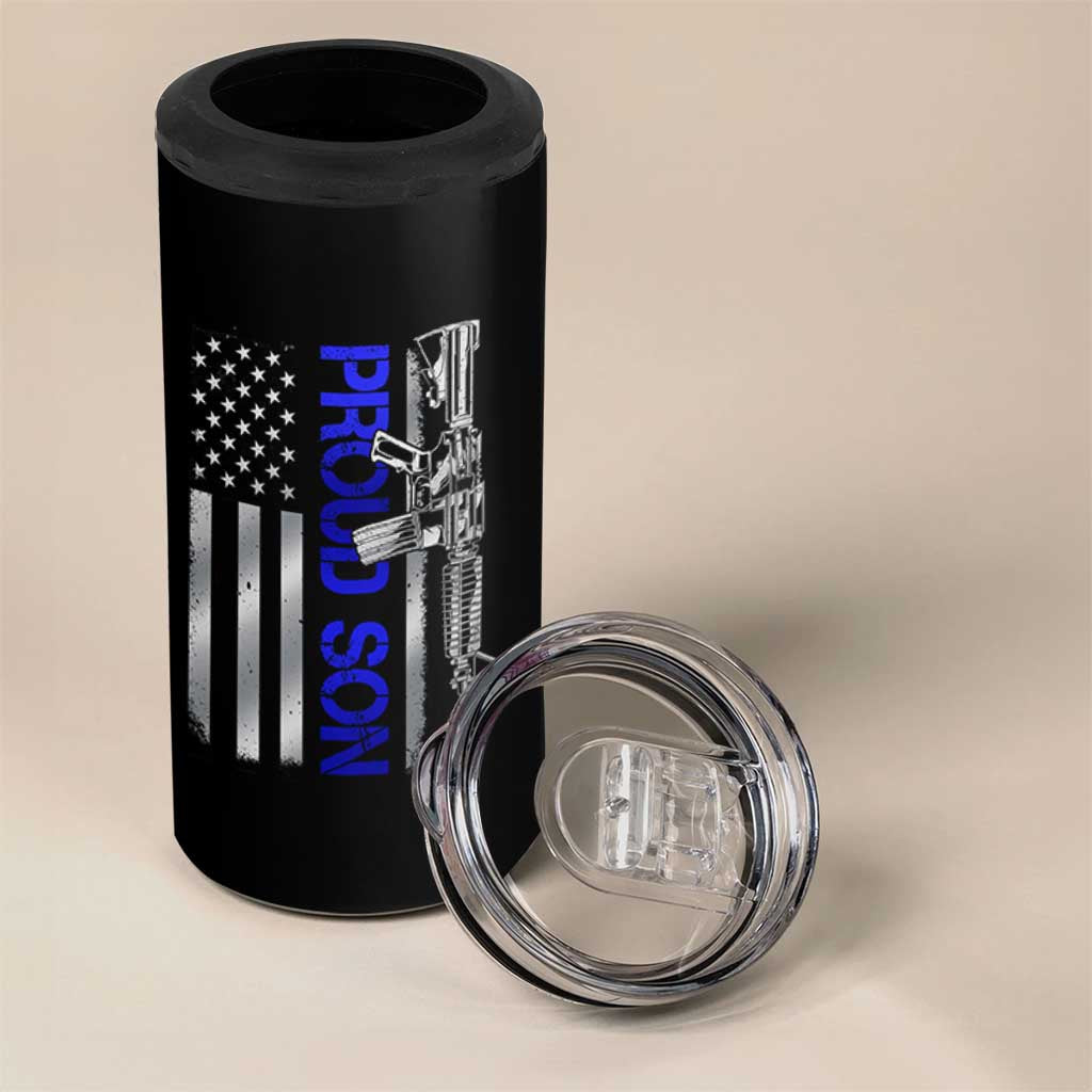 Proud Son of a Police Dad 4 in 1 Can Cooler Tumbler Gun American Flag Family Support