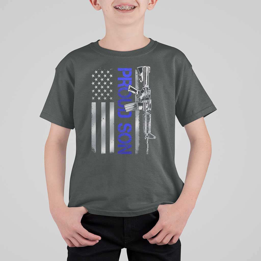 Proud Son of a Police Dad T Shirt For Kid Gun American Flag Family Support