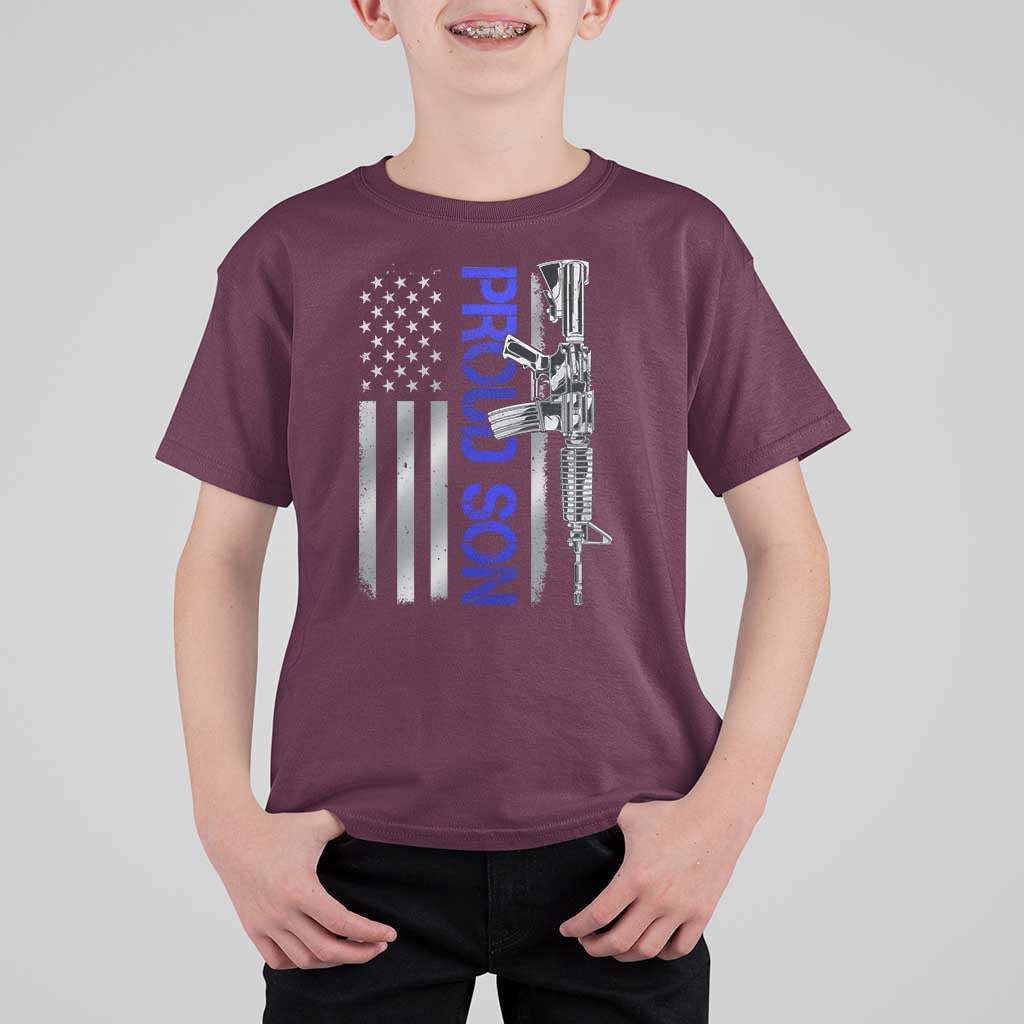 Proud Son of a Police Dad T Shirt For Kid Gun American Flag Family Support
