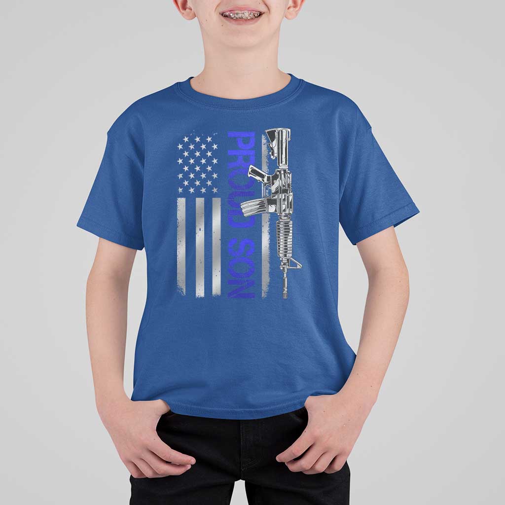 Proud Son of a Police Dad T Shirt For Kid Gun American Flag Family Support