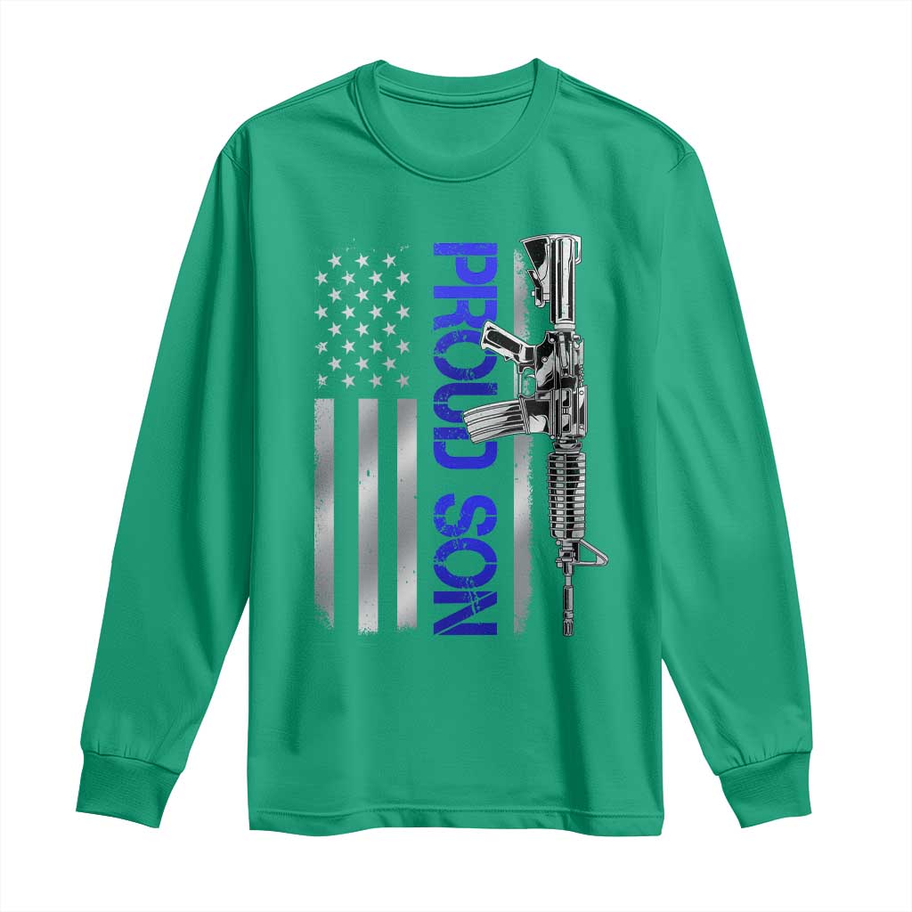 Proud Son of a Police Dad Long Sleeve Shirt Gun American Flag Family Support