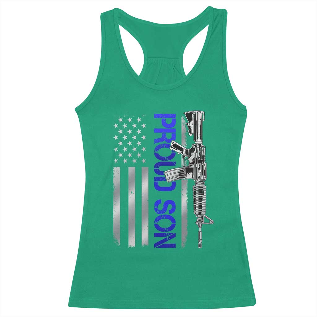 Proud Son of a Police Dad Racerback Tank Top Gun American Flag Family Support