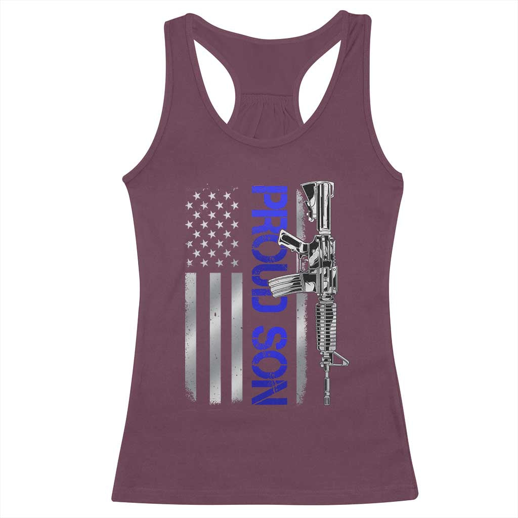 Proud Son of a Police Dad Racerback Tank Top Gun American Flag Family Support