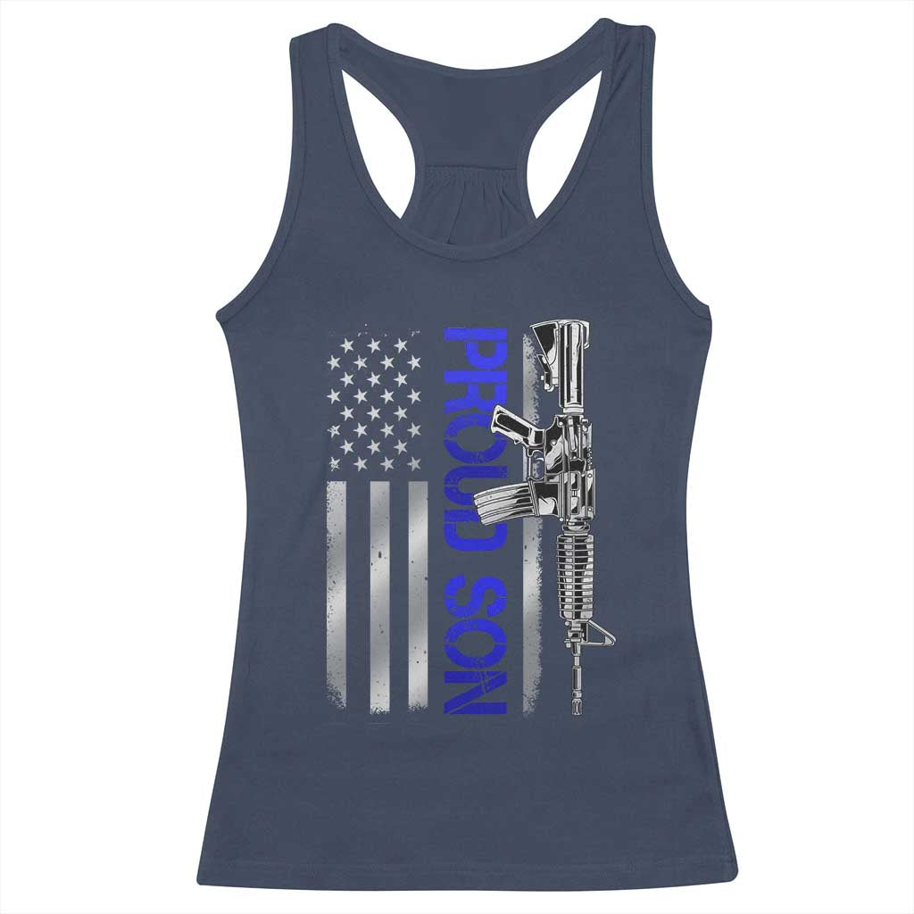 Proud Son of a Police Dad Racerback Tank Top Gun American Flag Family Support