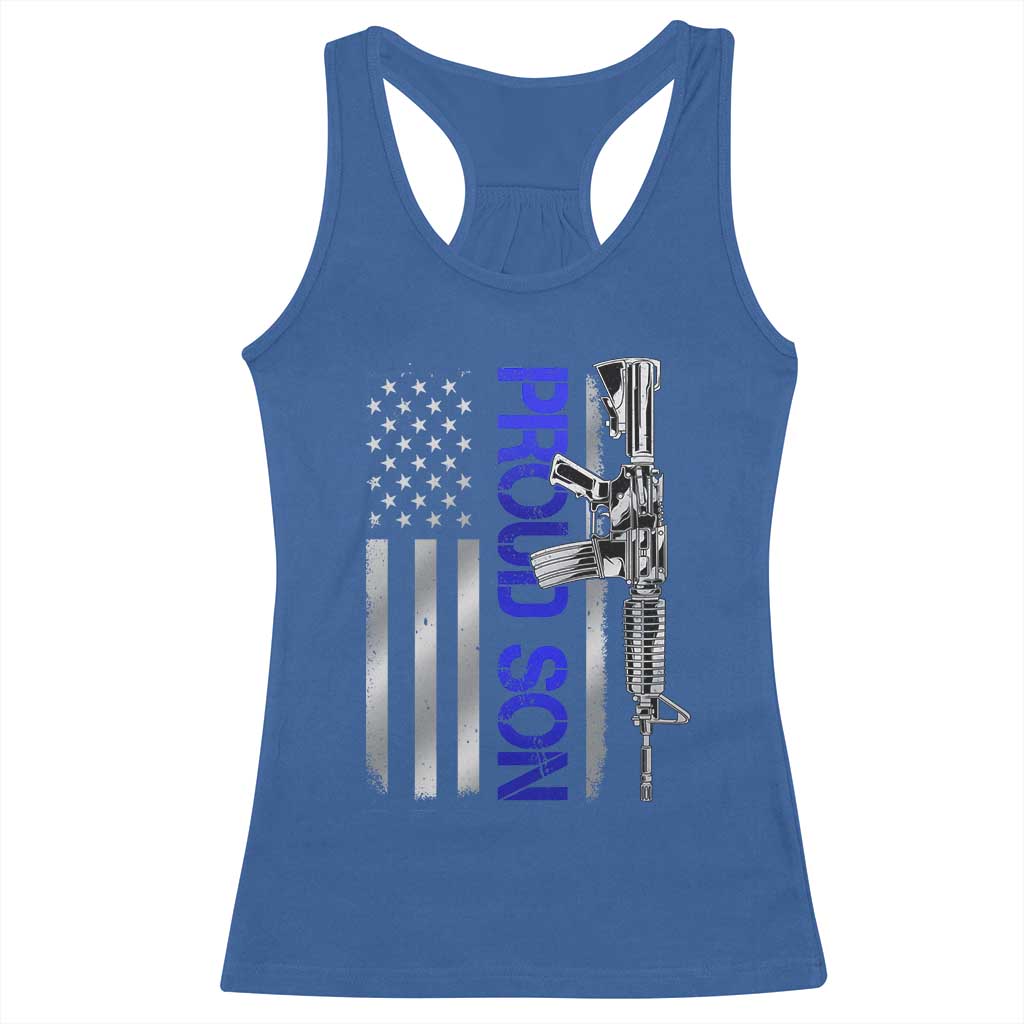Proud Son of a Police Dad Racerback Tank Top Gun American Flag Family Support