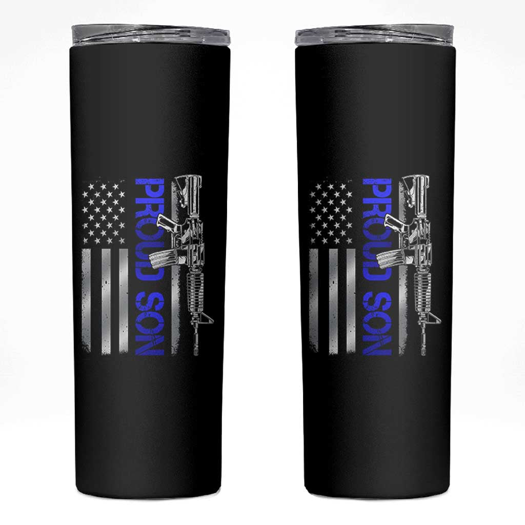 Proud Son of a Police Dad Skinny Tumbler Gun American Flag Family Support