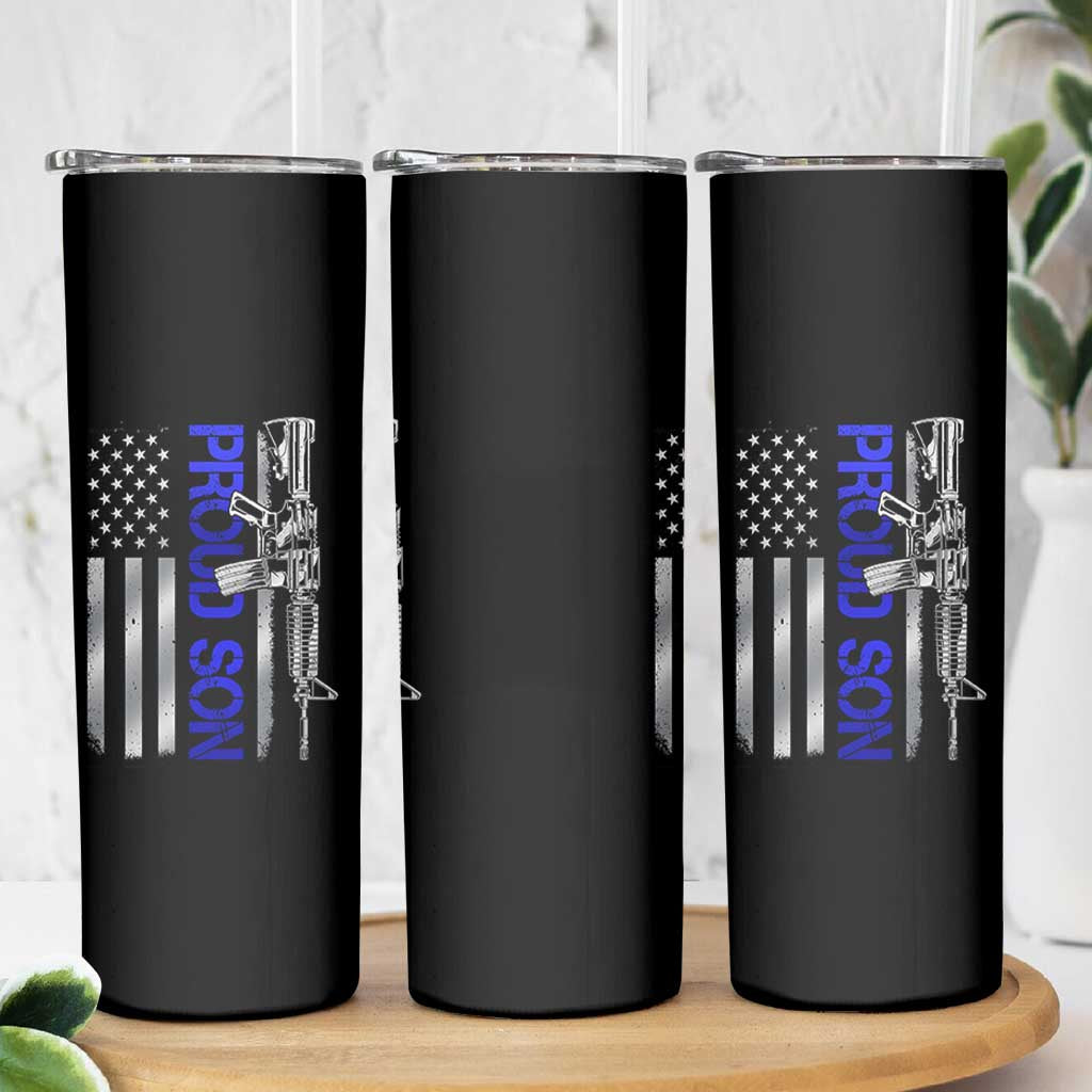 Proud Son of a Police Dad Skinny Tumbler Gun American Flag Family Support