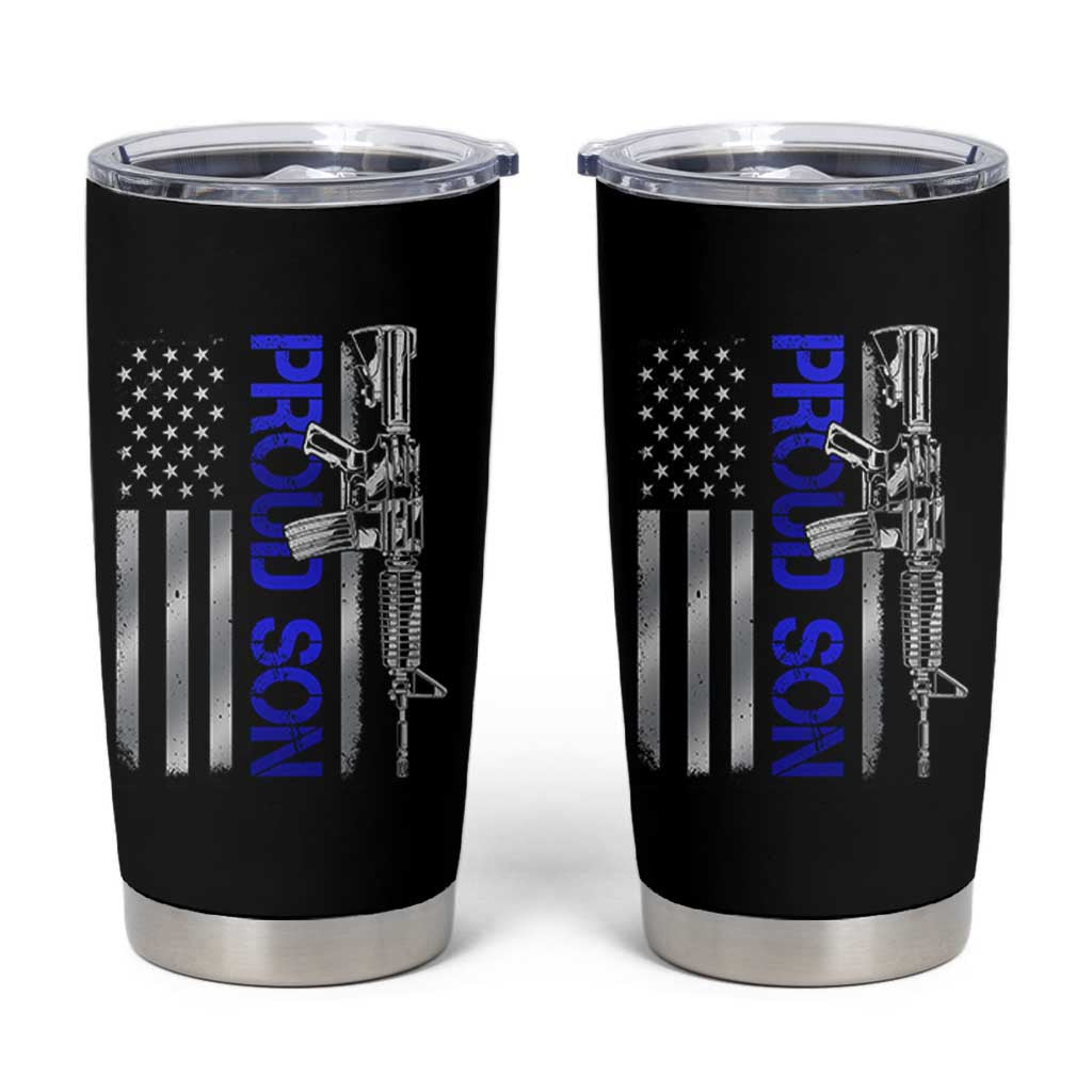 Proud Son of a Police Dad Tumbler Cup Gun American Flag Family Support