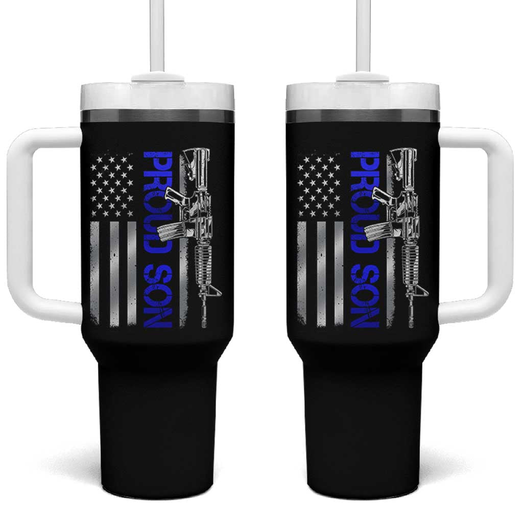 Proud Son of a Police Dad Tumbler With Handle Gun American Flag Family Support