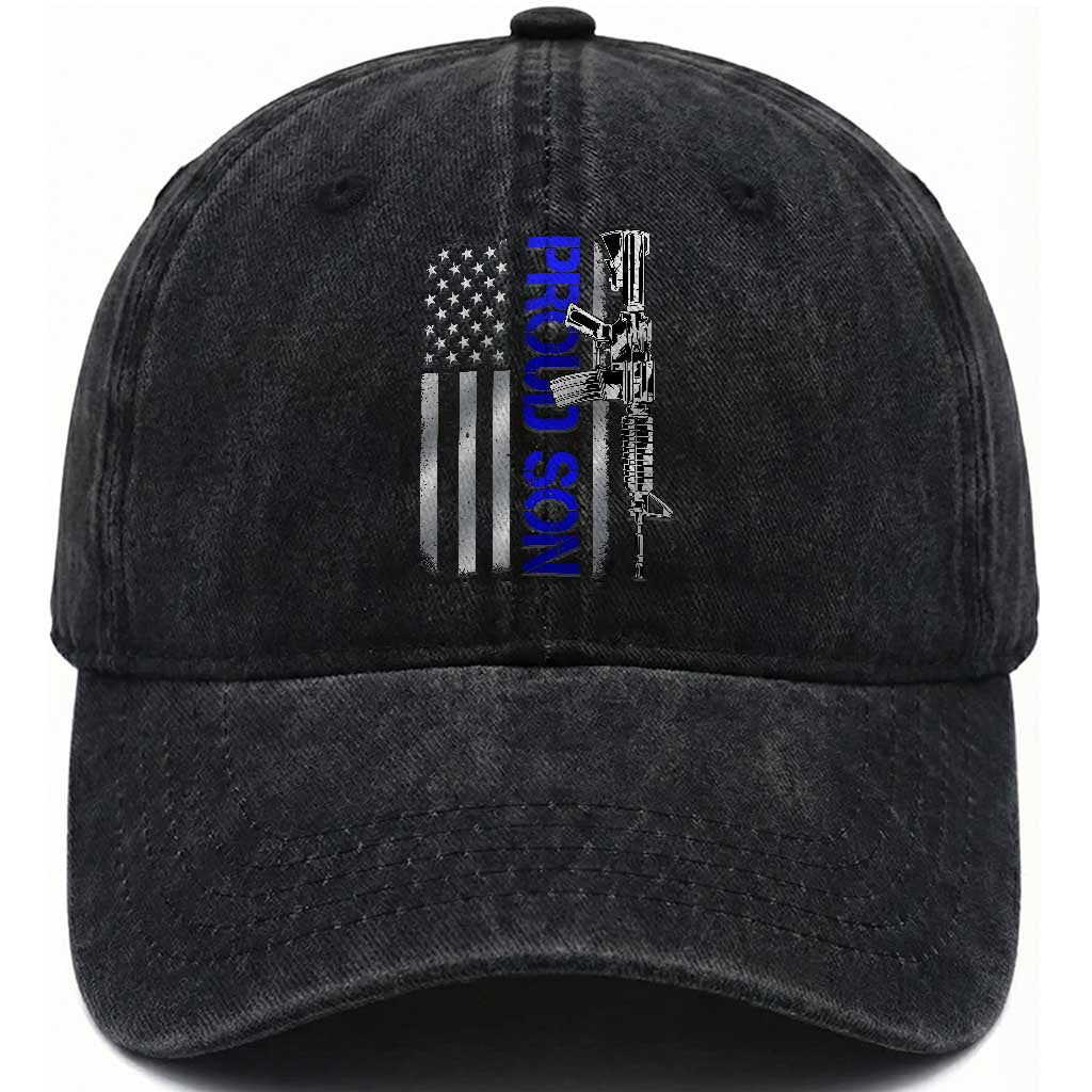 Proud Son of a Police Dad Washed Cotton Baseball Cap Gun American Flag Family Support