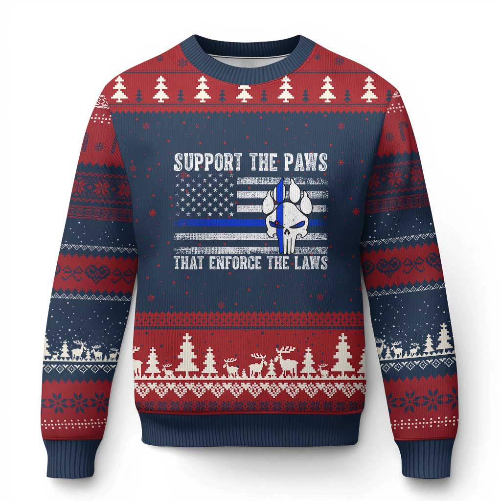Police K9 Ugly Christmas Sweater Support The Paws That Enforce The Laws US Flag - Wonder Print Shop
