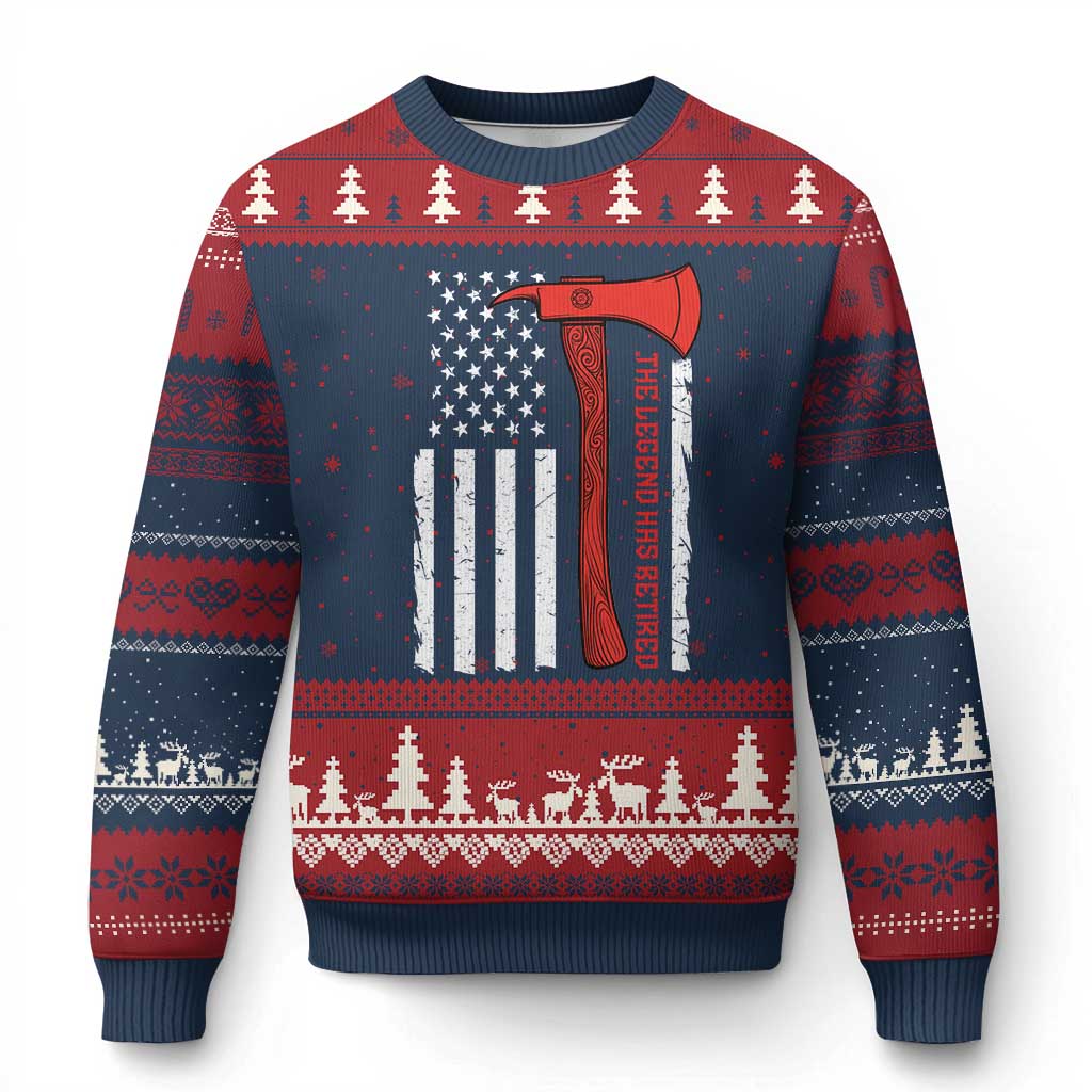 The Legend Has Retired Firefighter Ugly Christmas Sweater Vintage Retirement Gifts Fireman American Flag - Wonder Print Shop