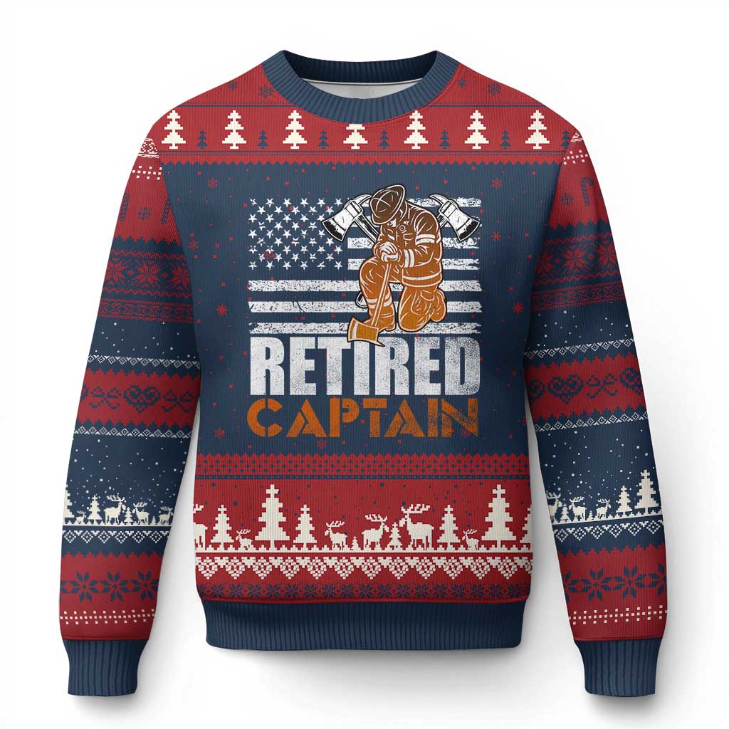 Retired Firefighter Captain Ugly Christmas Sweater Vintage Retirement Gifts Fireman American Flag - Wonder Print Shop