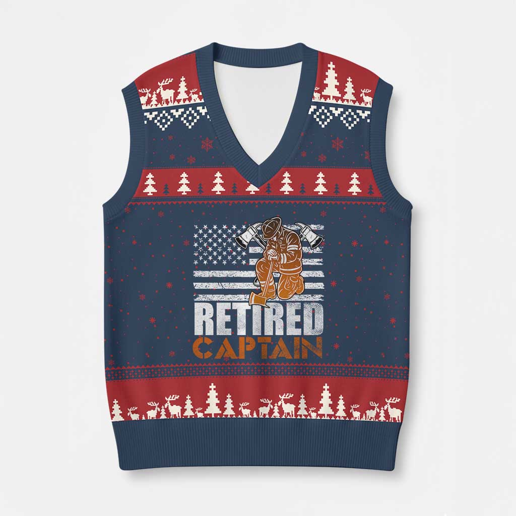 Retired Firefighter Captain V-Neck Knit Sweater Vest Vintage Retirement Gifts Fireman American Flag - Wonder Print Shop