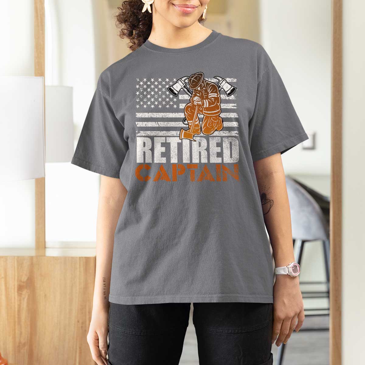 Retired Firefighter Captain T Shirt For Women Vintage Retirement Gifts Fireman American Flag - Wonder Print Shop