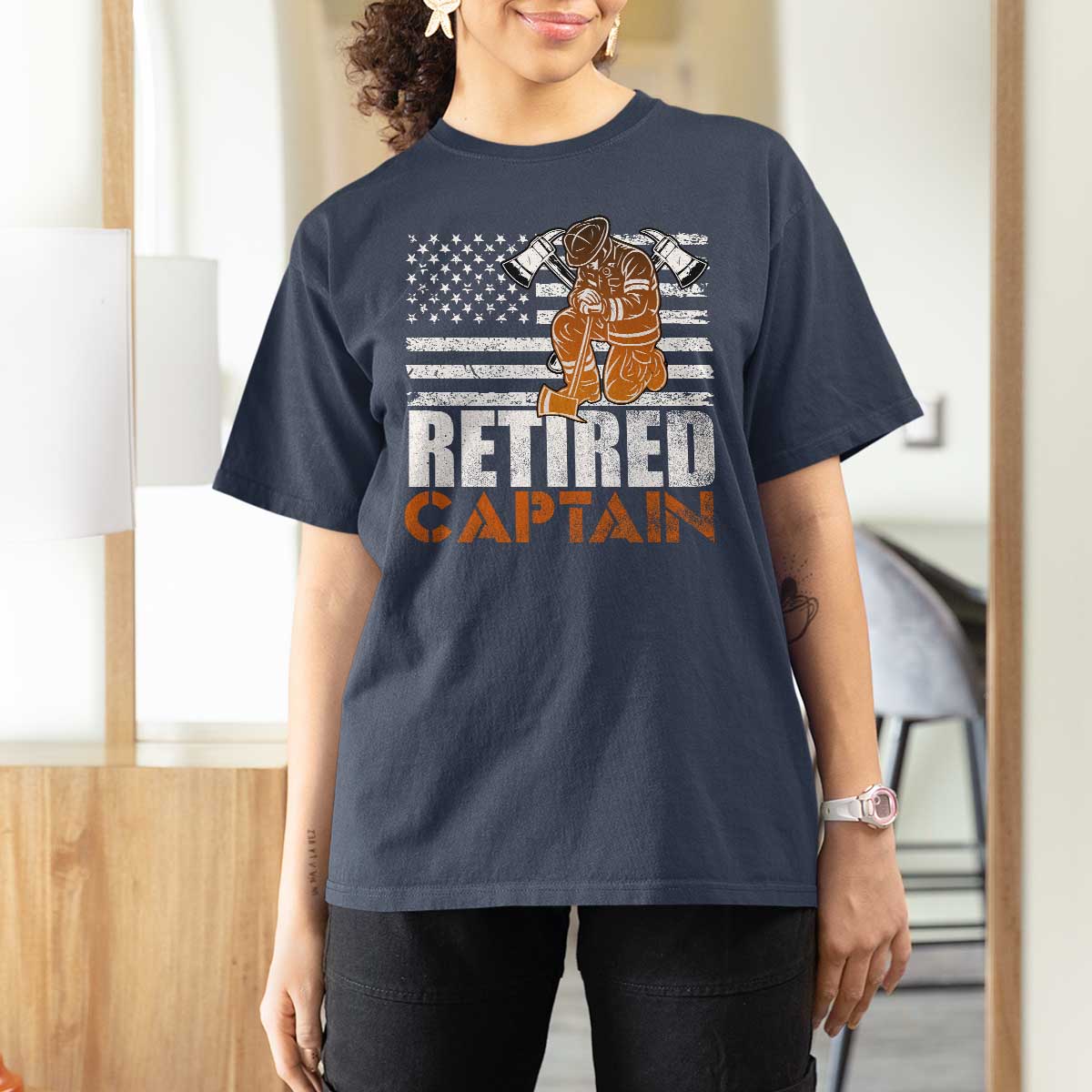 Retired Firefighter Captain T Shirt For Women Vintage Retirement Gifts Fireman American Flag - Wonder Print Shop
