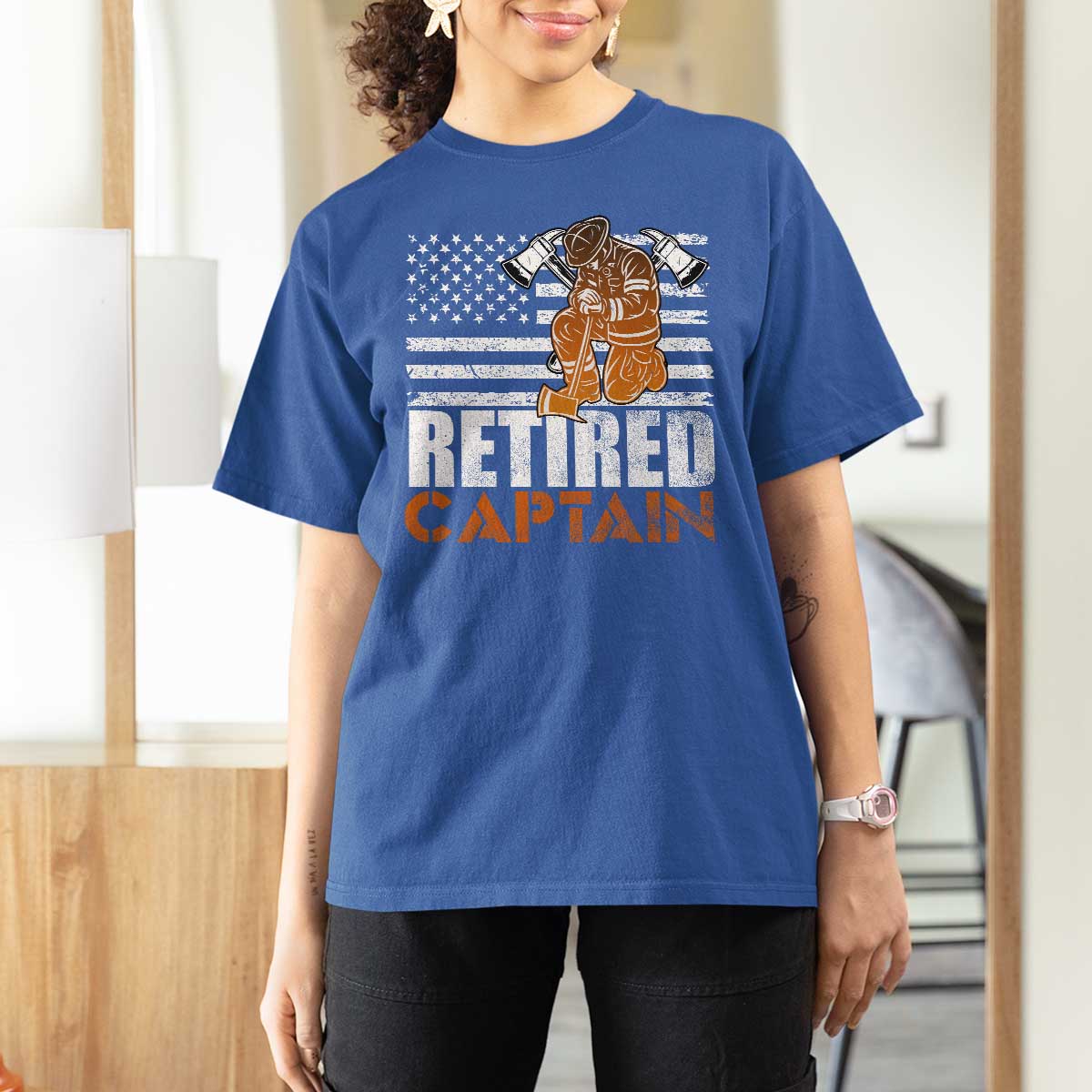 Retired Firefighter Captain T Shirt For Women Vintage Retirement Gifts Fireman American Flag - Wonder Print Shop