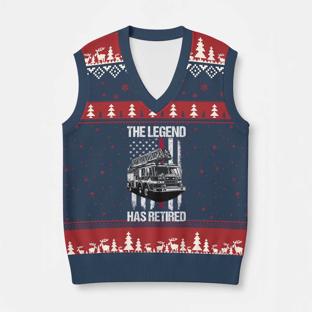 Retired Firefighter V-Neck Knit Sweater Vest American Flag Vintage Fireman Retirement Gifts - Wonder Print Shop