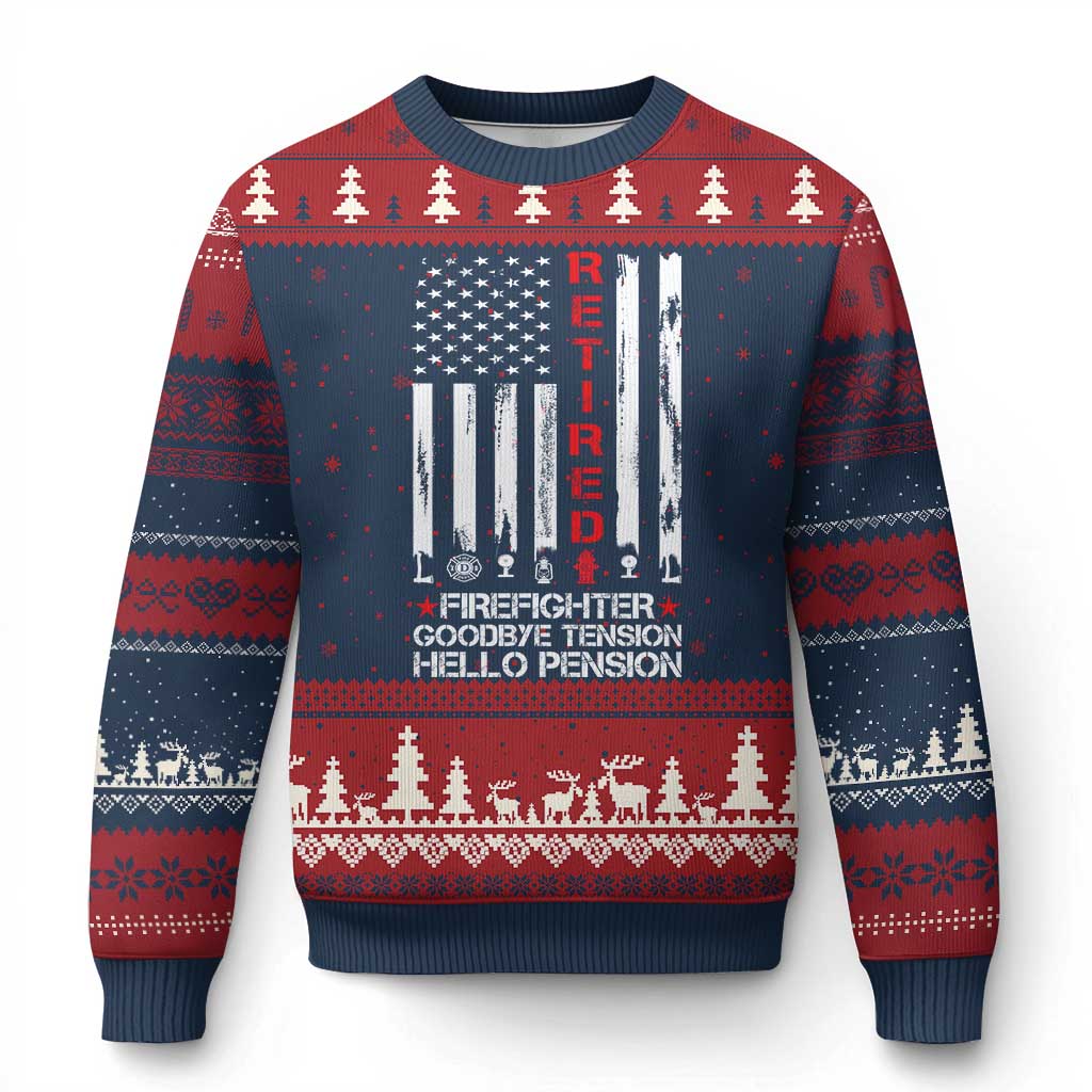 Retired Firefighter Ugly Christmas Sweater Goodbye Tension Hello Pension Fireman Retirement Gifts - Wonder Print Shop
