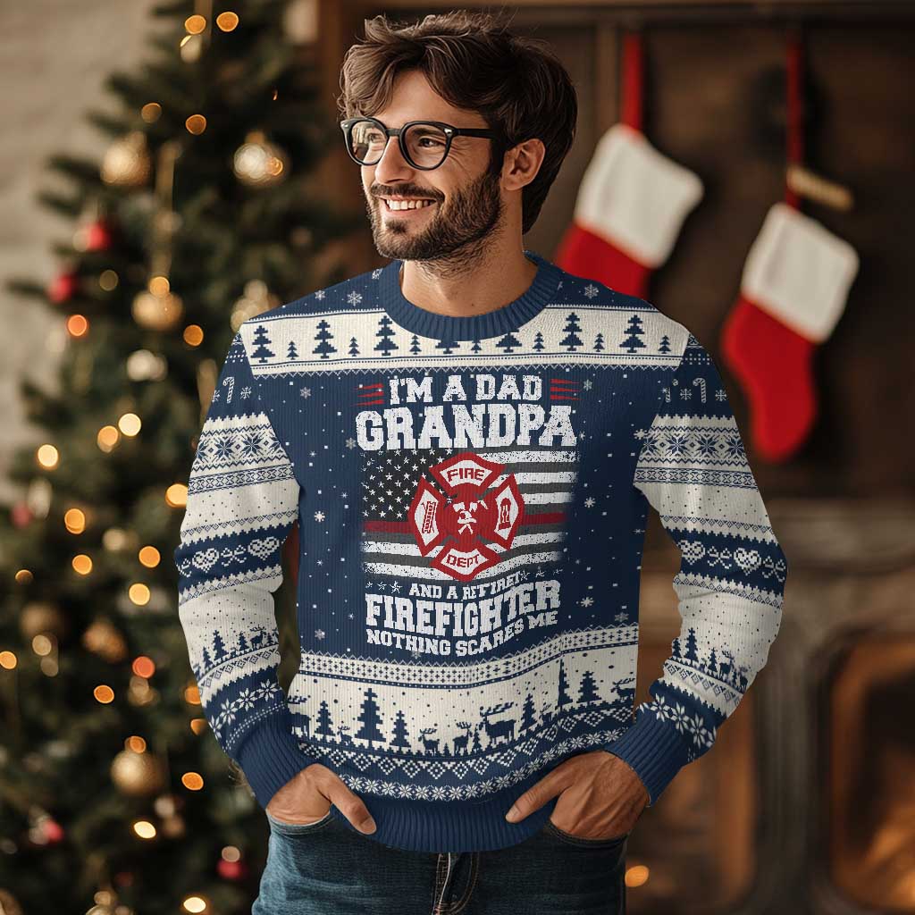Retired Firefighter Grandpa Ugly Christmas Sweater Retro American Flag - Wonder Print Shop