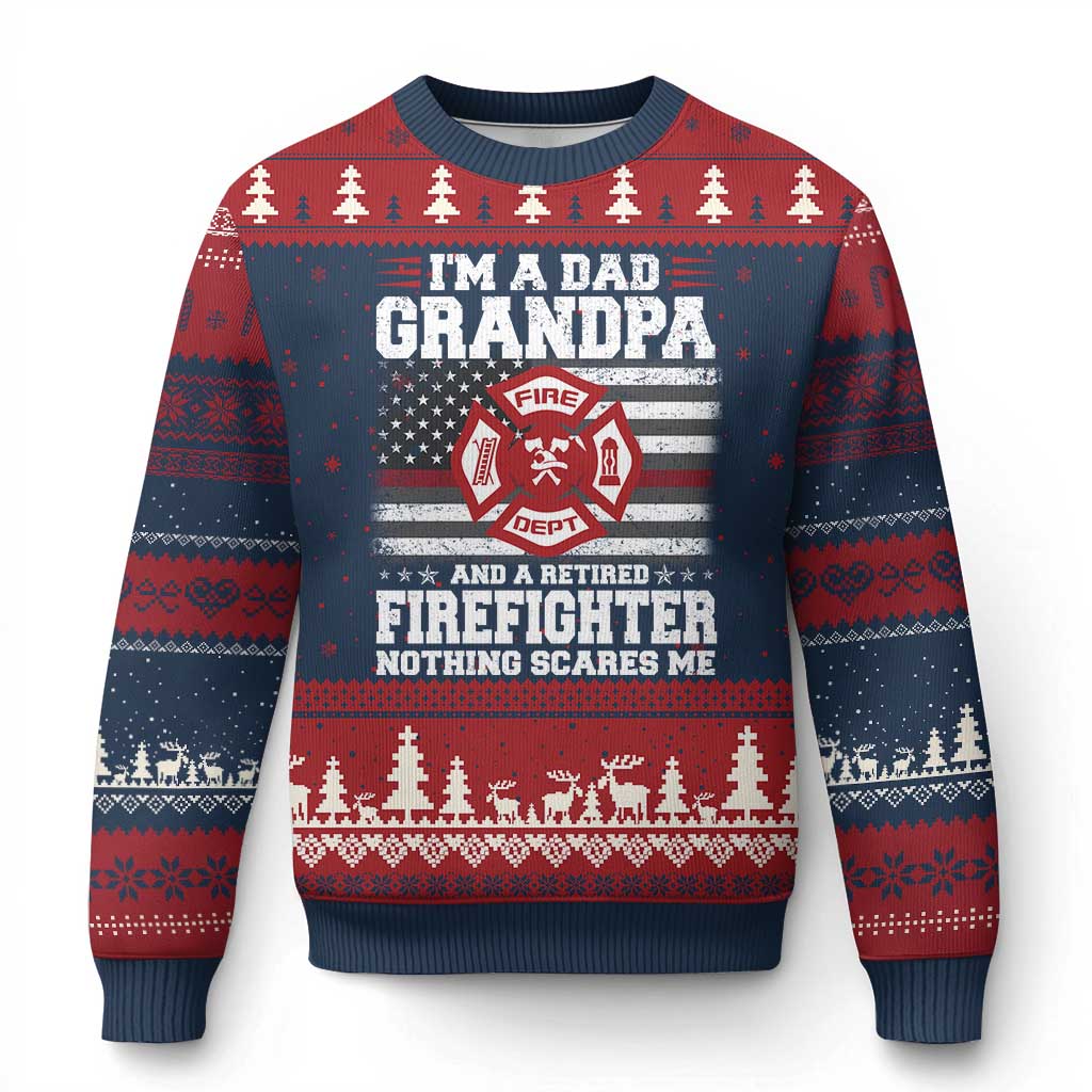 Retired Firefighter Grandpa Ugly Christmas Sweater Retro American Flag - Wonder Print Shop
