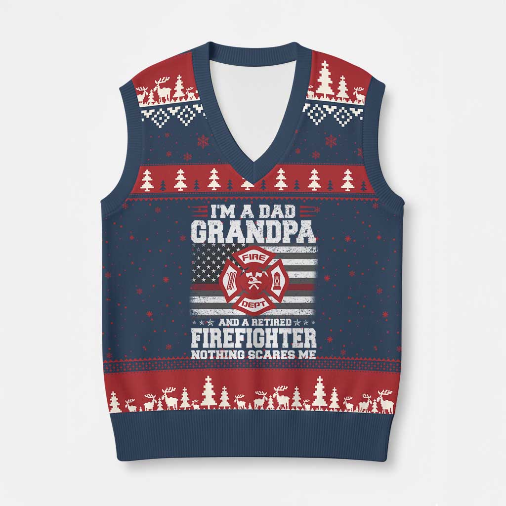 Retired Firefighter Grandpa V-Neck Knit Sweater Vest Retro American Flag - Wonder Print Shop