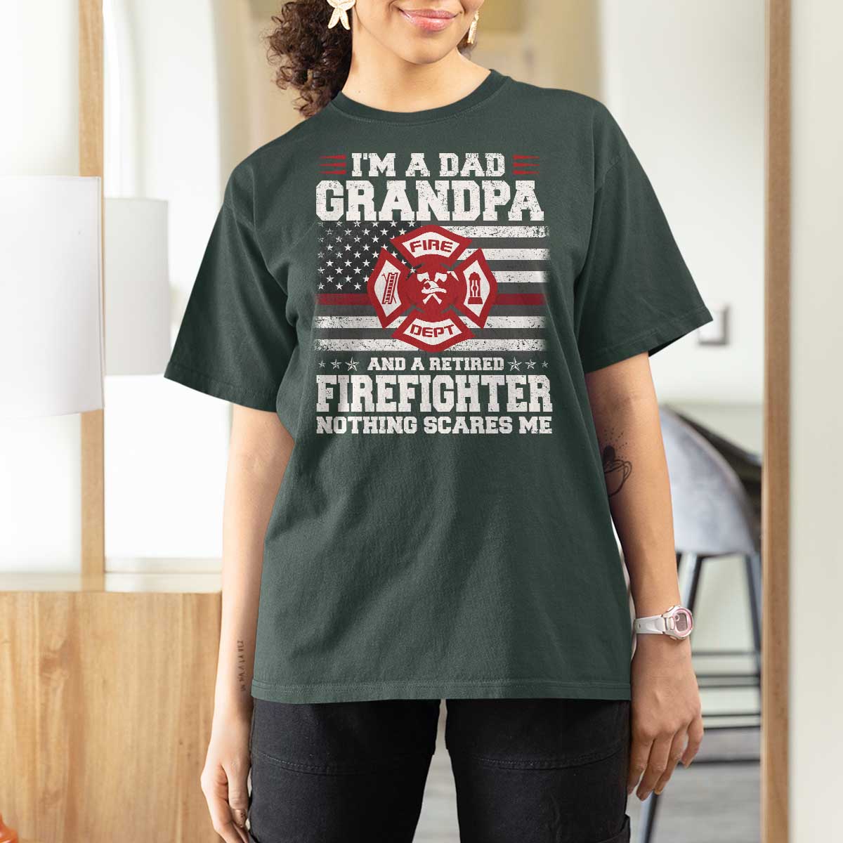 Retired Firefighter Grandpa T Shirt For Women Retro American Flag - Wonder Print Shop
