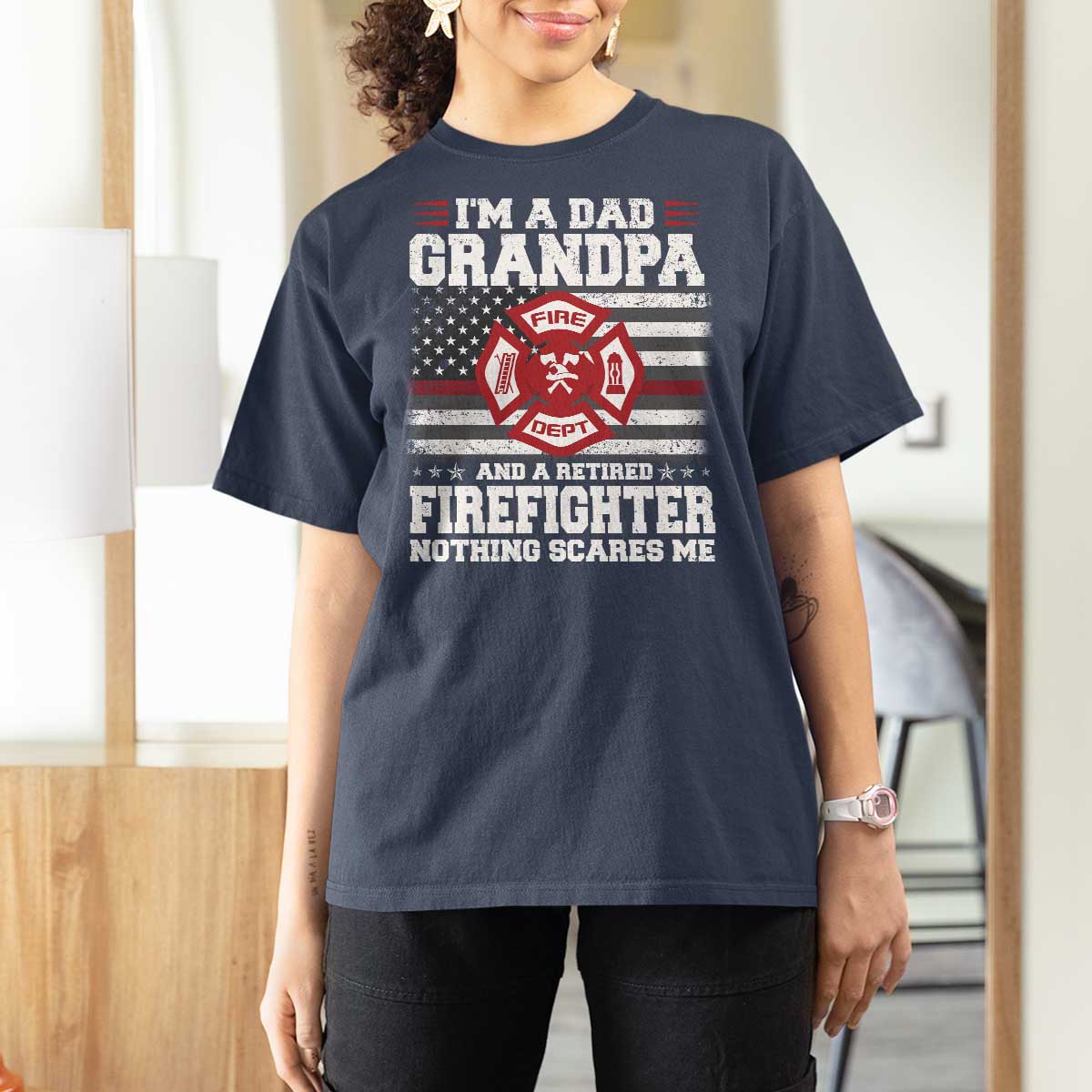 Retired Firefighter Grandpa T Shirt For Women Retro American Flag - Wonder Print Shop