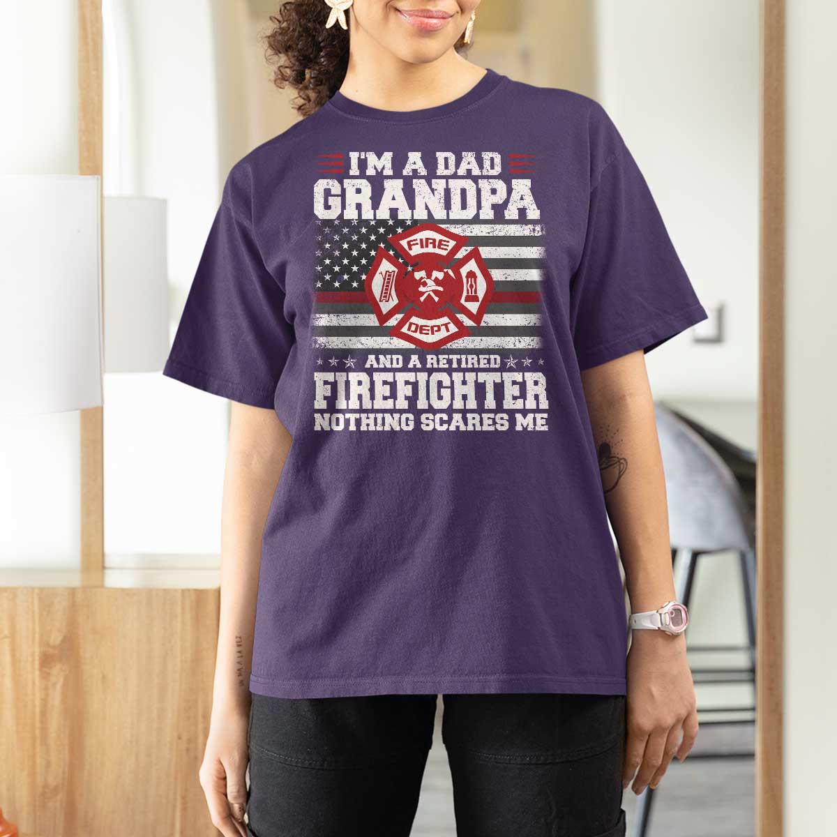 Retired Firefighter Grandpa T Shirt For Women Retro American Flag - Wonder Print Shop