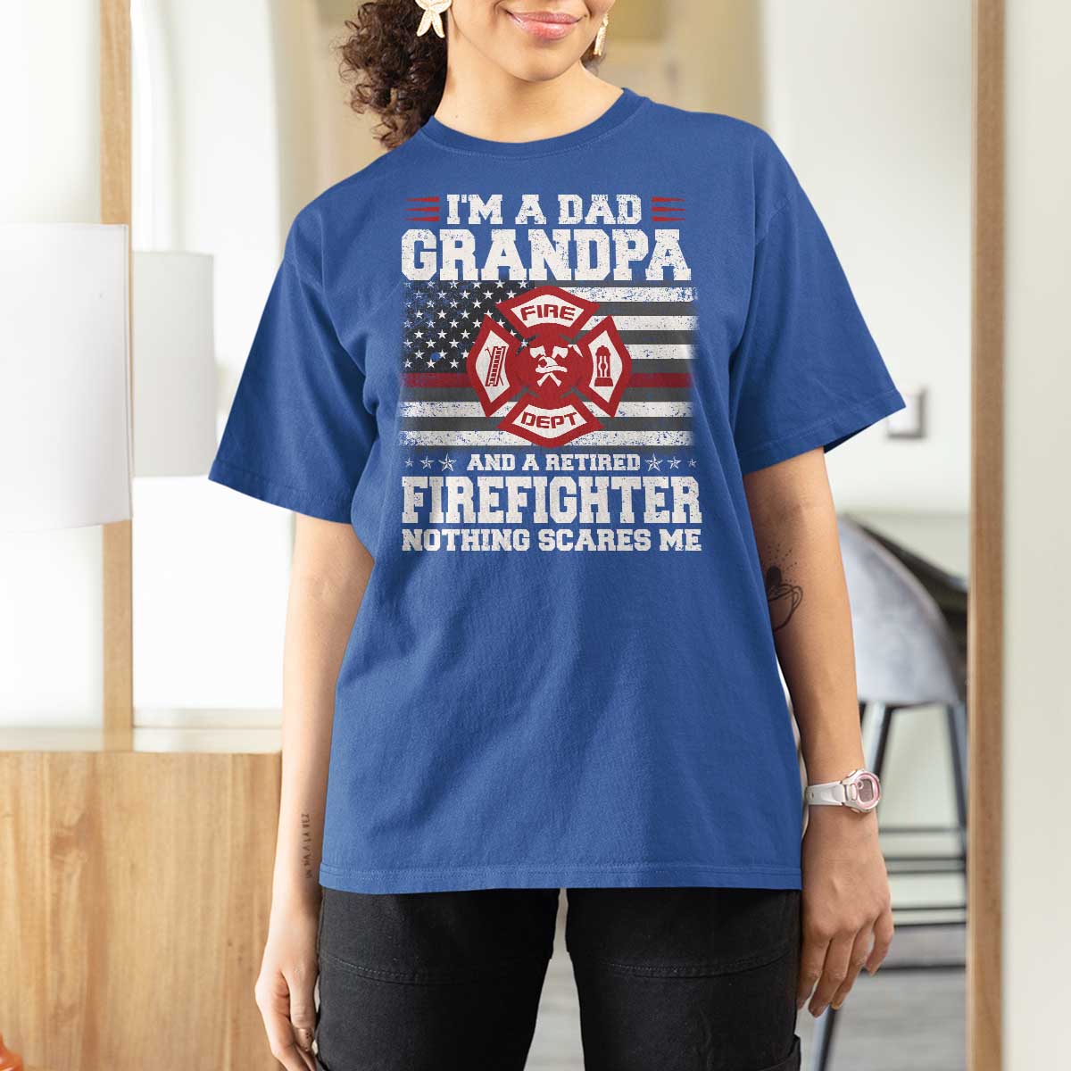 Retired Firefighter Grandpa T Shirt For Women Retro American Flag - Wonder Print Shop