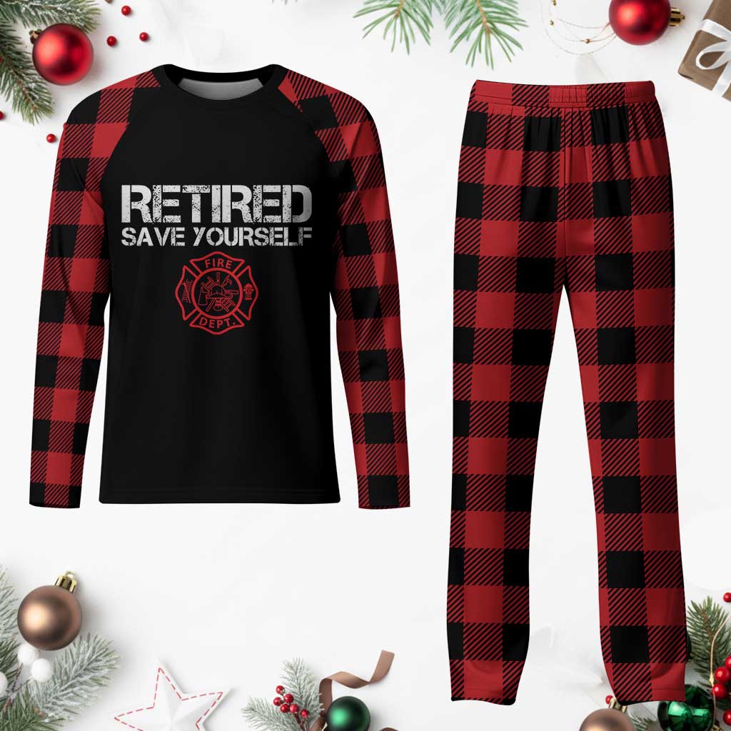 Retired Firefighter Plaid Pajama Set Funny Retirement Gifts Save Yourself - Wonder Print Shop